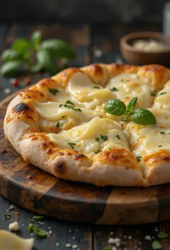 Pizza ai Formaggi servida con variedad de quesos y albahaca