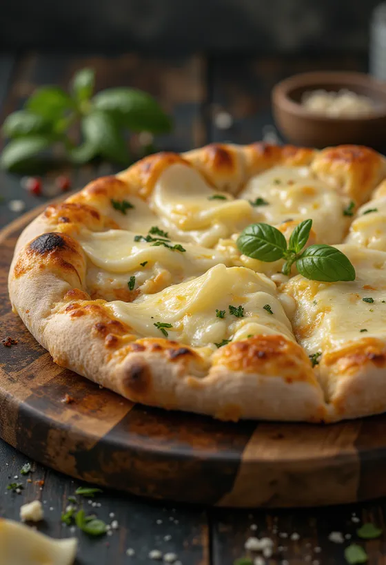 Pizza ai Formaggi servida con variedad de quesos y albahaca