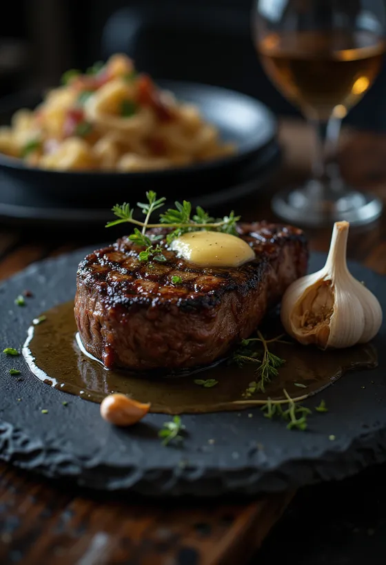 Rib eye steak dorado, servido con hierbas frescas y mantequilla