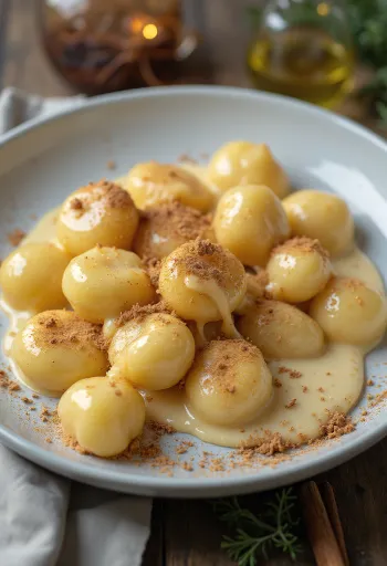 Gnocchi con salsa de rompope servidos