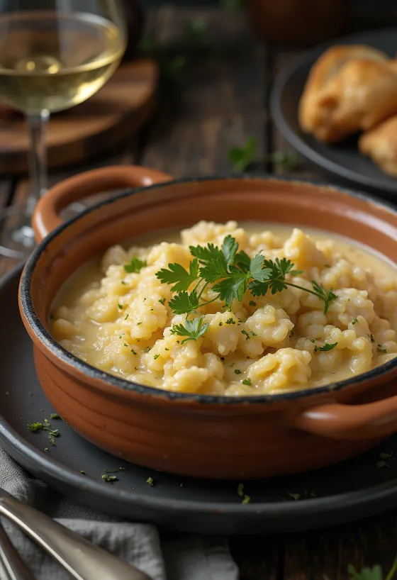 Açorda con bacalao, sopa de pescado con vino blanco, leche y perejil fresco
