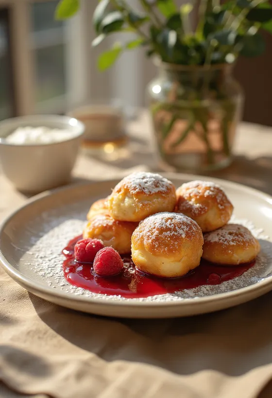 Æbleskiver servido con mermelada de frambuesa y azúcar glass