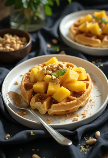 Waffles de inspiración africana con mango, cacahuate y jugo de limón
