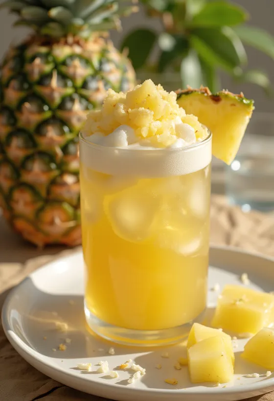 Sidra de piña y coco servida en vaso