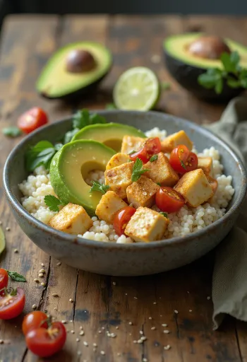 Ensalada de tofu con aguacate y limón sobre base de quinoa