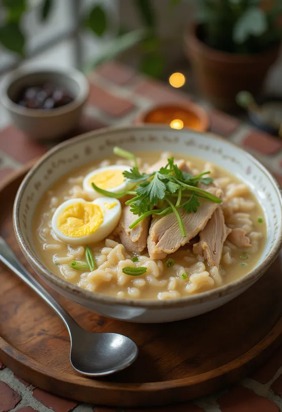 Cháo de pollo servido con huevo, trozos de pollo y decorado con cilantro