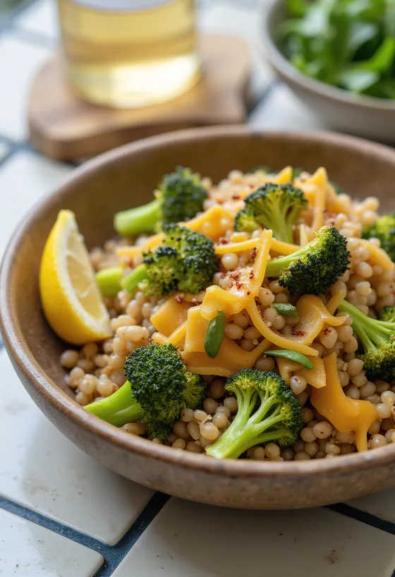 Farro con brócoli asado y queso cheddar, decorado con verduras frescas