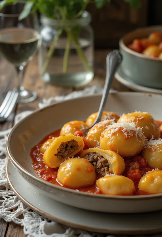 Gnocchi rellenos de carne servidos en plato