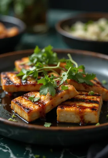 Tofu a la parrilla en salsa picante servido