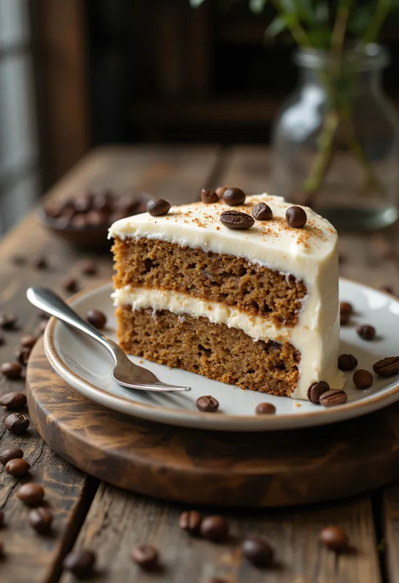 Pastel de mascarpone y café servido