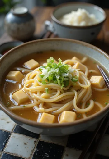 Kishimen udon, fideos udon planos japoneses con tofu y salsa de soya, servidos con cebollín fresco