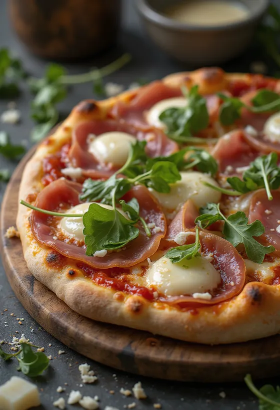 Pizza al Prosciutto Crudo servida con jamón serrano y arúgula
