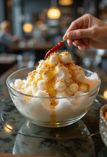 Bingsu de queso, servido con rica decoración de queso y salsa de soya