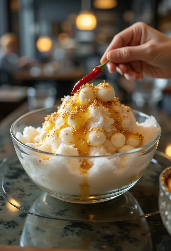 Bingsu de queso, servido con rica decoración de queso y salsa de soya
