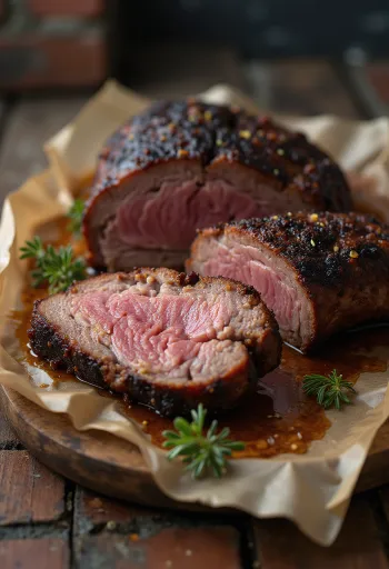 Smoked brisket servido en rebanadas finas con salsa barbecue y guarniciones