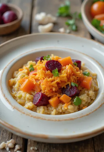 Açorda con verduras, en un tazón decorado con perejil