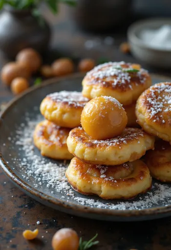 Æbleskiver, panqueques espolvoreados con azúcar glass