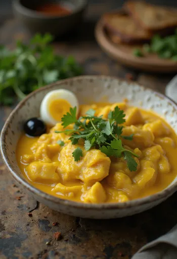 Ají de gallina con cilantro servido, con salsa cremosa
