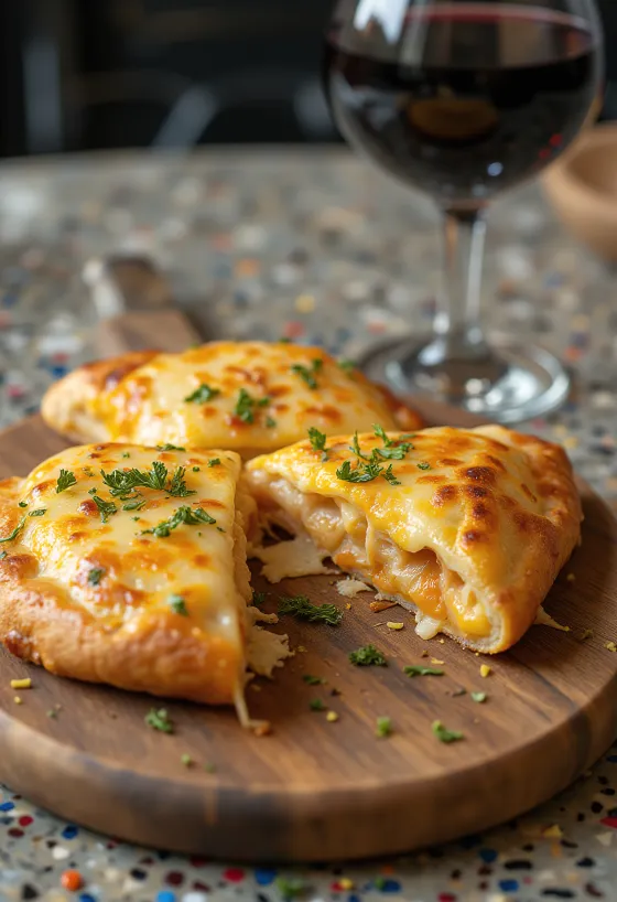 Calzone de Siete Quesos servido