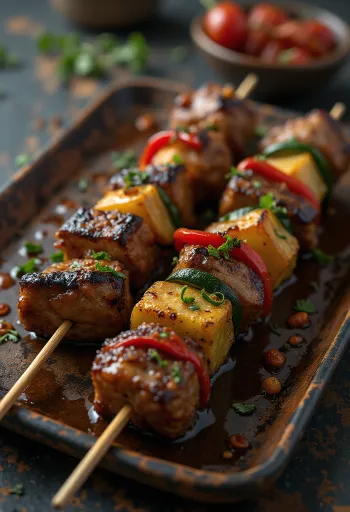 Brochetas de canguro con salsa de chile servidas en un plato rústico.