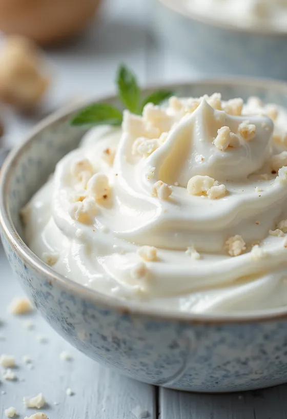 Salsa de yogurt con menta servida en un tazón