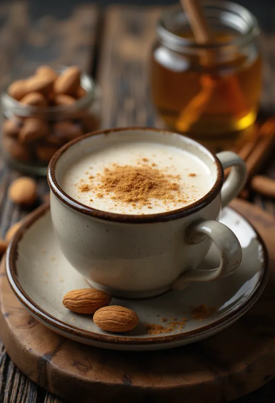 Leche de almendra cremosa con miel en taza con canela y vainilla