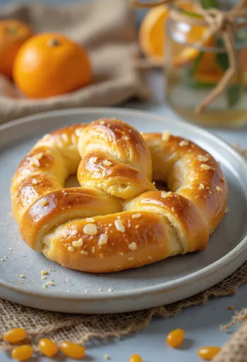Pretzel de naranja y mazapán servido