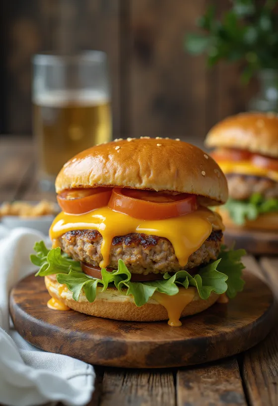 Hamburguesa de pavo con carne asada y queso derretido