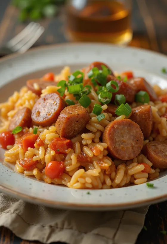 Jambalaya con salchicha ahumada servida en un tazón adornado con perejil