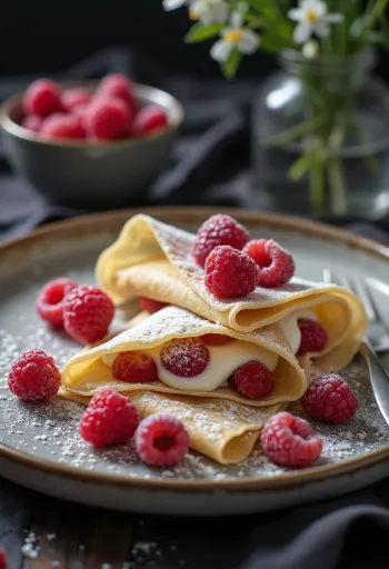 Crepas de vainilla y frambuesa servidas