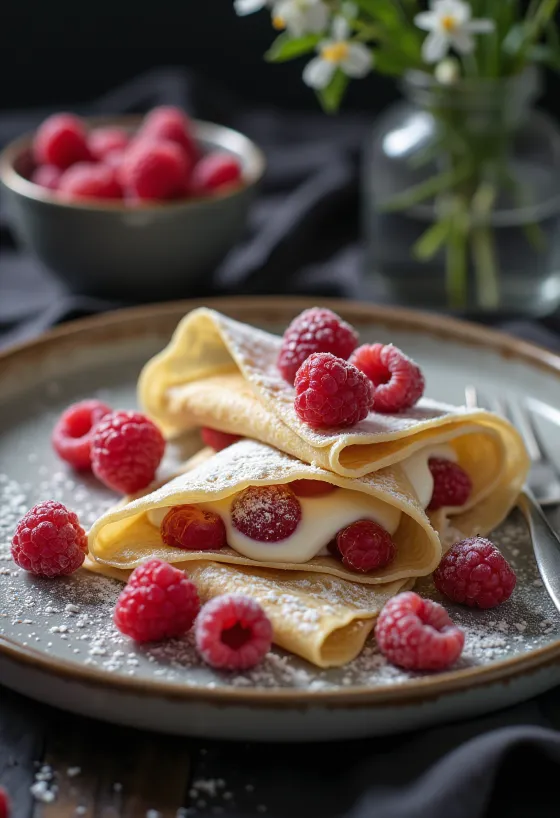 Crepas de vainilla y frambuesa servidas