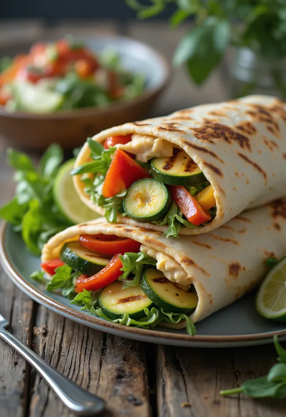 Wrap de verduras a la parrilla con hummus y arúgula