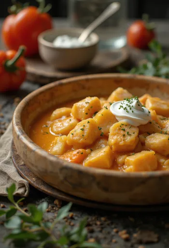 Paprikash de bagre servido con pasta de requesón