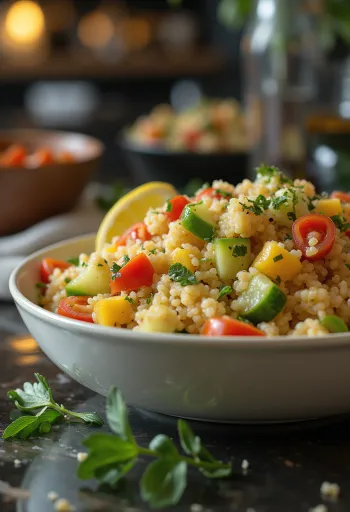 Fresca ensalada de cuscús servida con verduras coloridas y hierbas