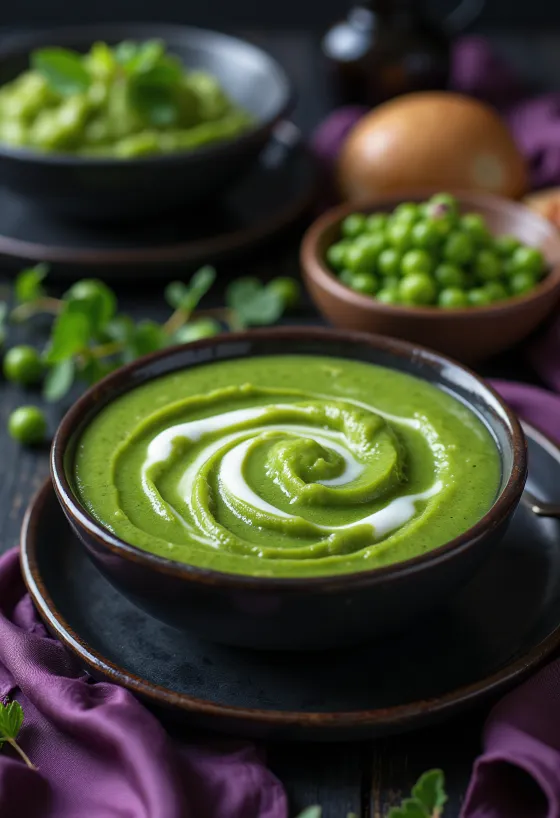 Salsa de chícharos con menta servida en un plato