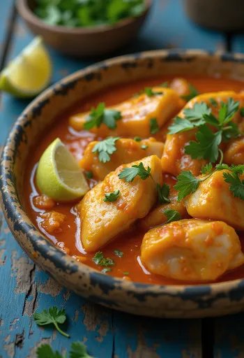 Moqueca servida con salsa ligeramente picante, pescado y leche de coco