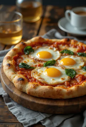 Pizza alla Bismarck servida con huevo fresco y espinacas