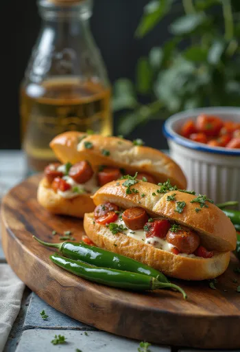 Choripán con chiles picantes, servido fresco