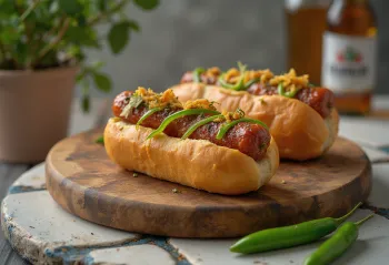 Choripán con chiles picantes, servido fresco