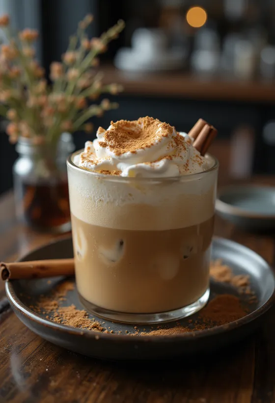 Frappé de canela y menta con crema batida, canela y hojas de menta