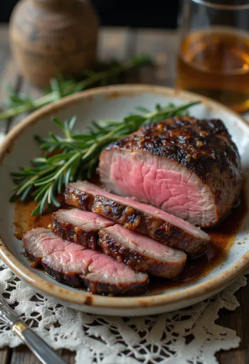 Smoked Venison Steak, filete de venado ahumado con verduras asadas y romero