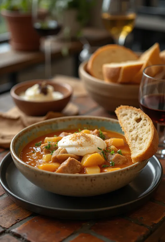 Tradicional estofado de cerdo con chucrut y carne jugosa, servido con crema ácida.