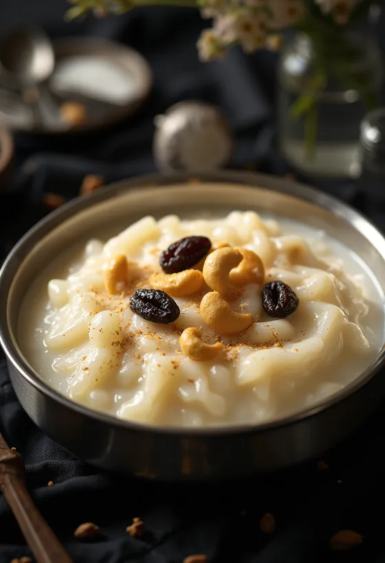 Aval payasam servido con coco rallado y decorado con pasas