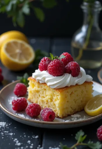 Pastel de limón con frambuesa y frutas frescas