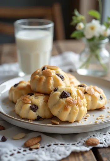 Mandelkubb con chocolate, galletas de almendra con trozos de chocolate y decoradas con almendra fileteada