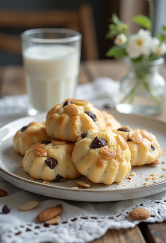 Mandelkubb con chocolate, galletas de almendra con trozos de chocolate y decoradas con almendra fileteada