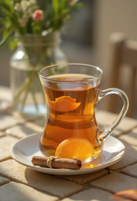 Té de especias con miel en taza, decorado con canela y rodaja de limón