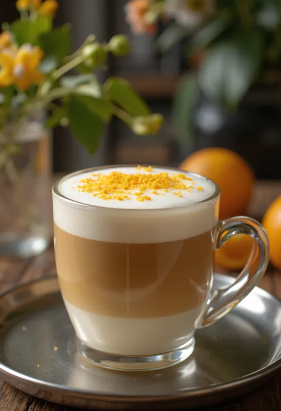 Latte de naranja y vainilla decorado con crema y rebanada de naranja