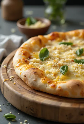 Pizza blanca servida con ricotta, mozzarella y hierbas frescas