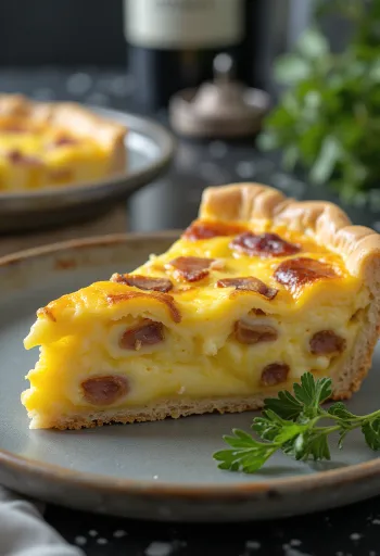 Quiche Lorraine clásica, en masa quebrada crujiente con relleno cremoso, trozos de tocino y queso.